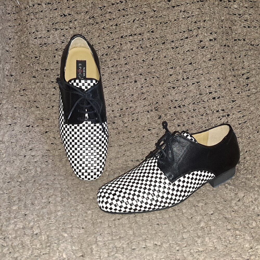 NUEVA EPOCA-Cordova-Woven Black/White Leather Dance Shoes-Sz 6.5UK/8US-NWOB